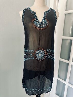 White House Black Market Black Swim Coverup with Blue & Brown Embroidery